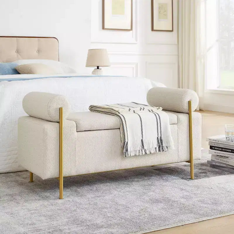Okak Elegent Storage Bench with Cylindrical Arms, Upholstered End of Bed Bench with Iron Legs, Entryway Bench for Living Room, Bedroom, Bedroom