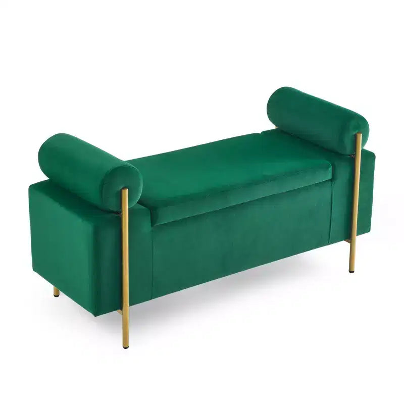 Okak Elegent Storage Bench with Cylindrical Arms, Upholstered End of Bed Bench with Iron Legs, Entryway Bench for Living Room, Bedroom, Bedroom