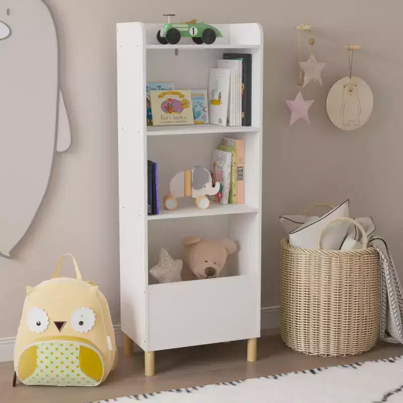 Bibliothèque 4 niveaux pour enfants 51, MDF blanc + pieds en pin, meuble de rangement avec dispositif anti-basculement (étagère de présentation pour chambre d'enfant/salle de jeux)