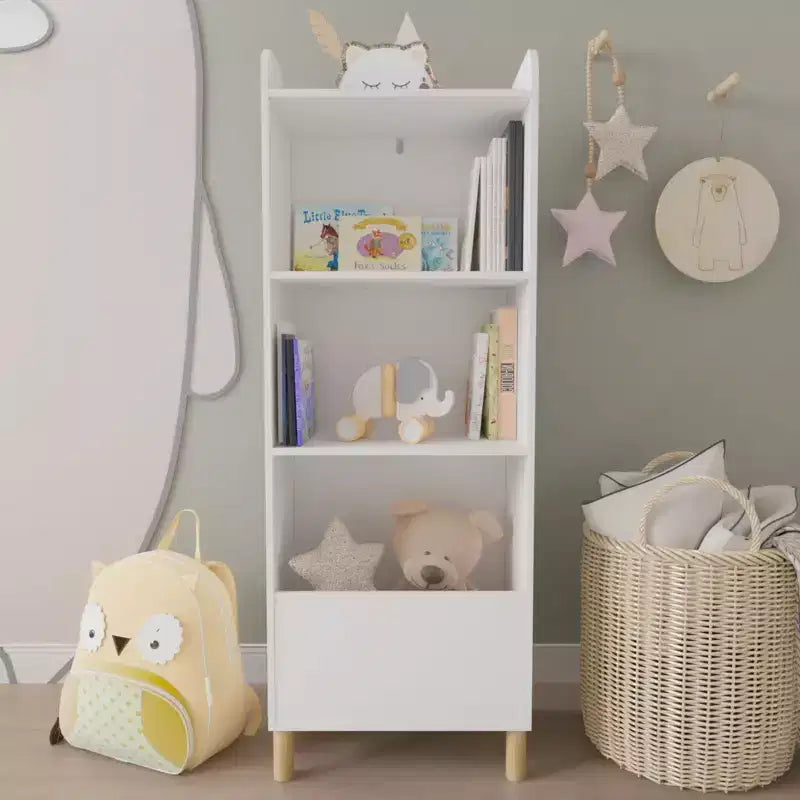 Bibliothèque 4 niveaux pour enfants 51, MDF blanc + pieds en pin, meuble de rangement avec dispositif anti-basculement (étagère de présentation pour chambre d'enfant/salle de jeux)