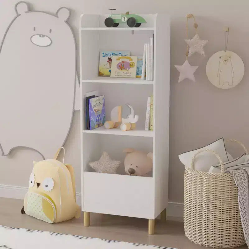 Bibliothèque 4 niveaux pour enfants 51, MDF blanc + pieds en pin, meuble de rangement avec dispositif anti-basculement (étagère de présentation pour chambre d'enfant/salle de jeux)