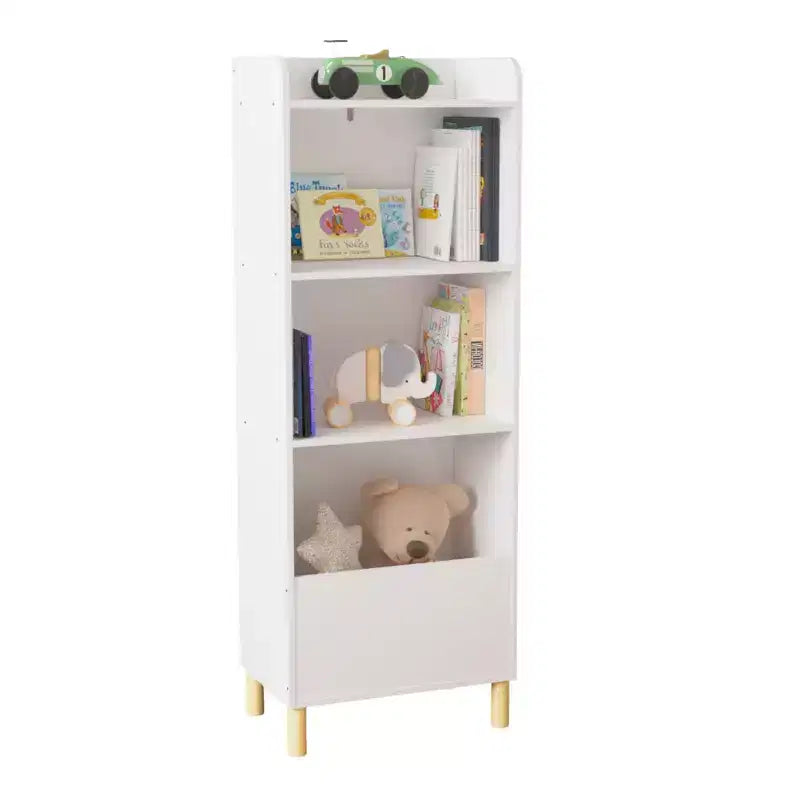 Bibliothèque 4 niveaux pour enfants 51, MDF blanc + pieds en pin, meuble de rangement avec dispositif anti-basculement (étagère de présentation pour chambre d'enfant/salle de jeux)