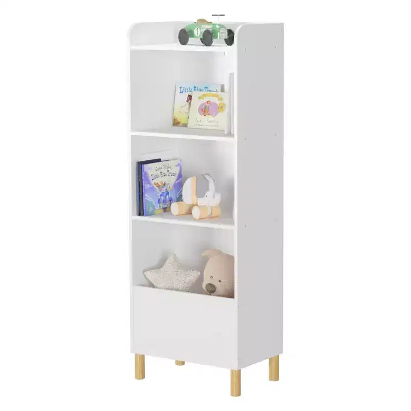 Bibliothèque 4 niveaux pour enfants 51, MDF blanc + pieds en pin, meuble de rangement avec dispositif anti-basculement (étagère de présentation pour chambre d'enfant/salle de jeux)