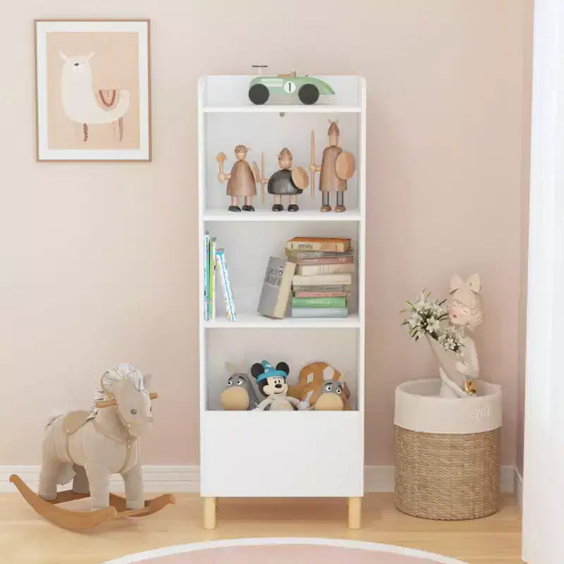 Bibliothèque 4 niveaux pour enfants 51, MDF blanc + pieds en pin, meuble de rangement avec dispositif anti-basculement (étagère de présentation pour chambre d'enfant/salle de jeux)