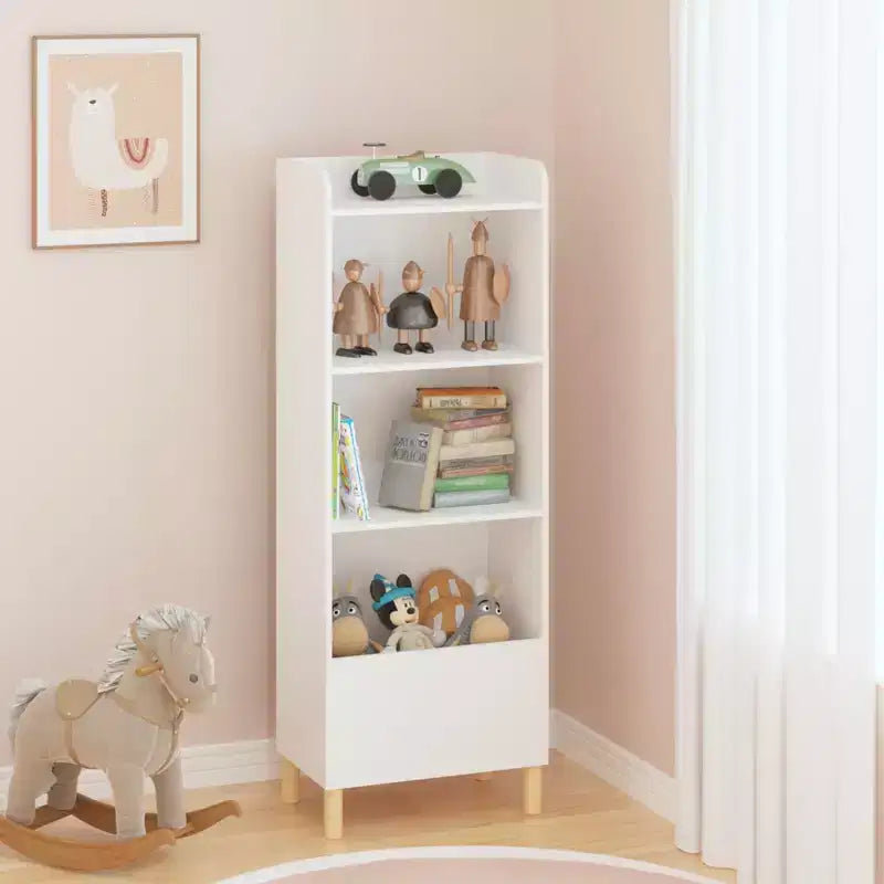 Bibliothèque 4 niveaux pour enfants 51, MDF blanc + pieds en pin, meuble de rangement avec dispositif anti-basculement (étagère de présentation pour chambre d'enfant/salle de jeux)
