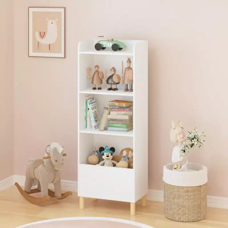 Bibliothèque 4 niveaux pour enfants 51, MDF blanc + pieds en pin, meuble de rangement avec dispositif anti-basculement (étagère de présentation pour chambre d'enfant/salle de jeux)