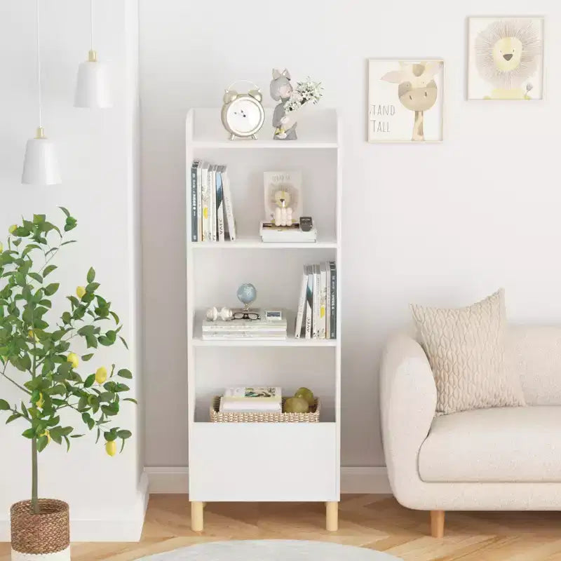 Bibliothèque 4 niveaux pour enfants 51, MDF blanc + pieds en pin, meuble de rangement avec dispositif anti-basculement (étagère de présentation pour chambre d'enfant/salle de jeux)