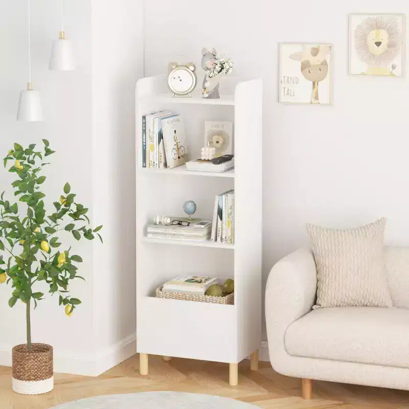 Bibliothèque 4 niveaux pour enfants 51, MDF blanc + pieds en pin, meuble de rangement avec dispositif anti-basculement (étagère de présentation pour chambre d'enfant/salle de jeux)