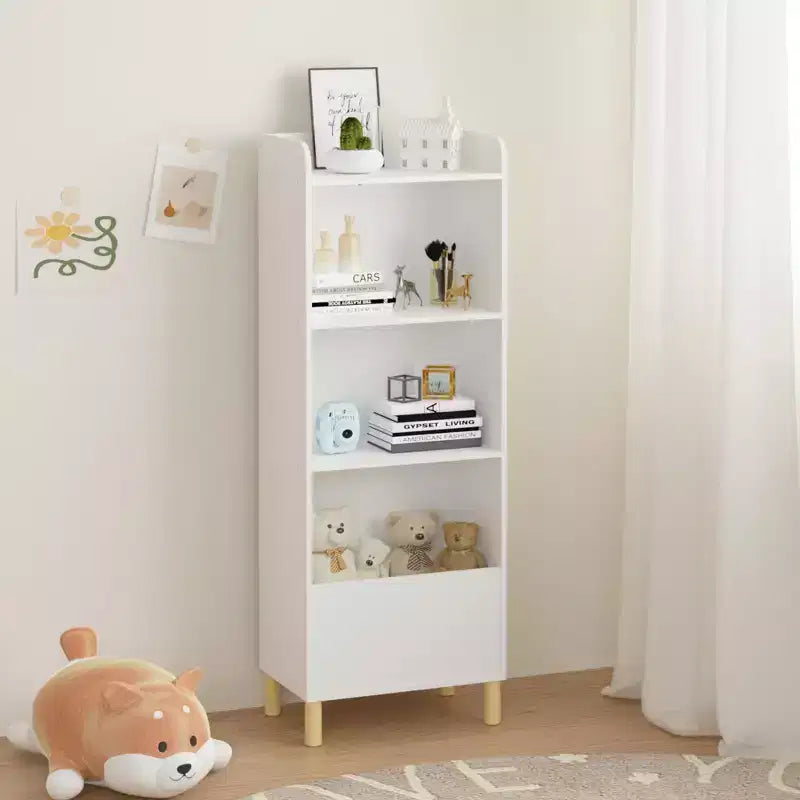 Bibliothèque 4 niveaux pour enfants 51, MDF blanc + pieds en pin, meuble de rangement avec dispositif anti-basculement (étagère de présentation pour chambre d'enfant/salle de jeux)