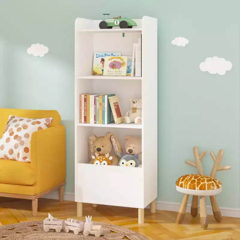 Bibliothèque 4 niveaux pour enfants 51, MDF blanc + pieds en pin, meuble de rangement avec dispositif anti-basculement (étagère de présentation pour chambre d'enfant/salle de jeux)