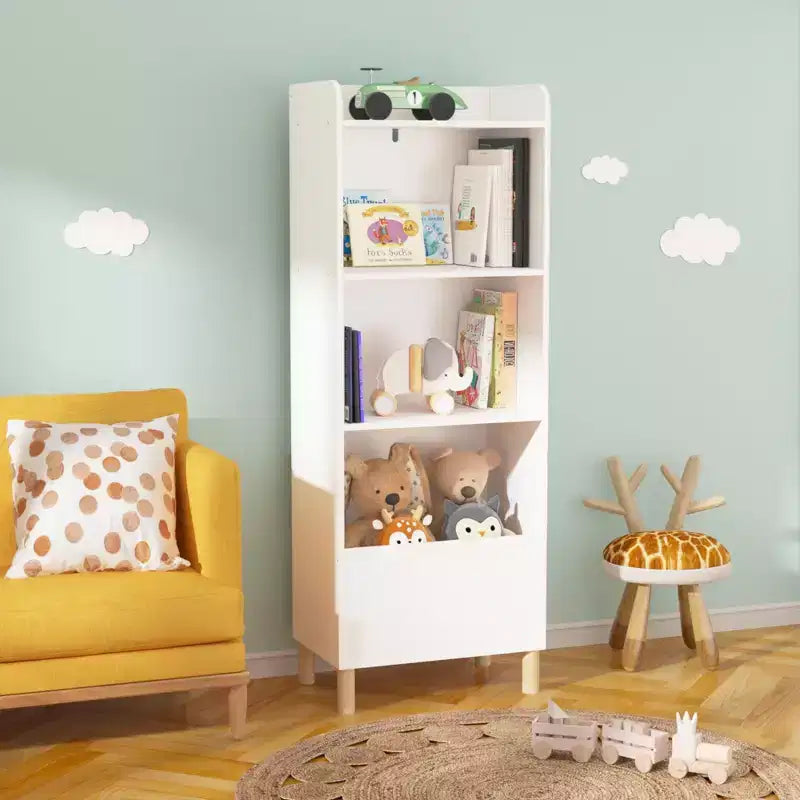 Bibliothèque 4 niveaux pour enfants 51, MDF blanc + pieds en pin, meuble de rangement avec dispositif anti-basculement (étagère de présentation pour chambre d'enfant/salle de jeux)