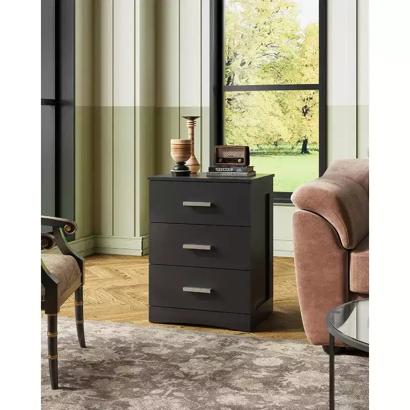 Table de chevet noire moderne avec 3 tiroirs Petite table de chevet en bois au design minimaliste
