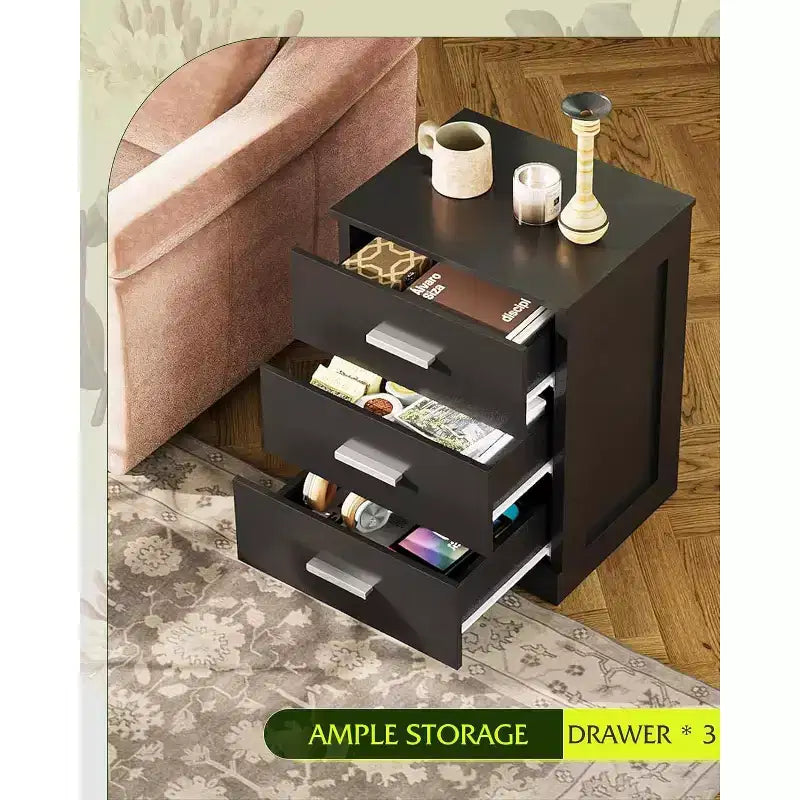 Table de chevet noire moderne avec 3 tiroirs Petite table de chevet en bois au design minimaliste
