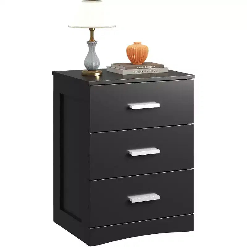 BALHAM TRADE-Modern Black Night Stand with 3 Drawers Small Wooden Bedside Table Minimalist Design