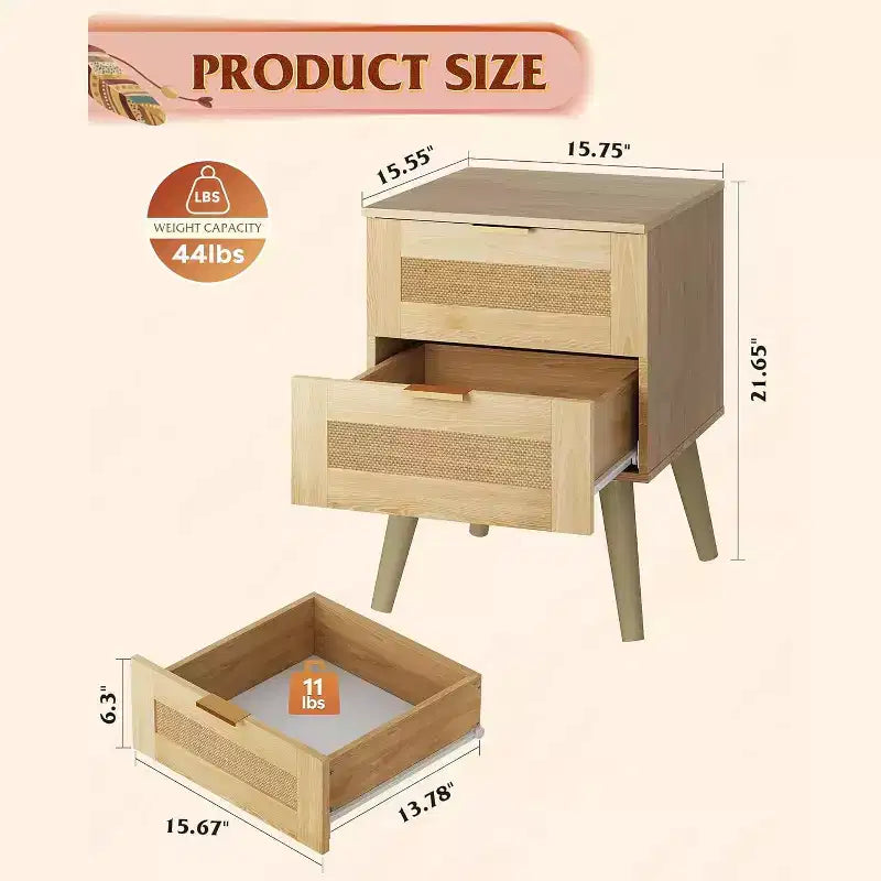 Table de chevet avec tiroirs en rotin pour chambre à coucher ou salon