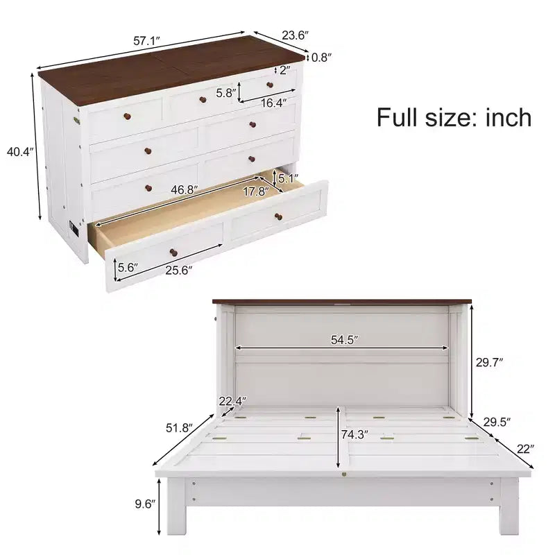 Lit avec grand tiroir de rangement, lit armoire en bois avec station de recharge