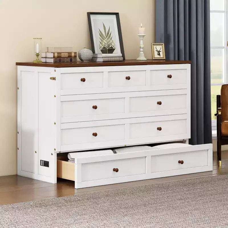 Lit avec grand tiroir de rangement, lit armoire en bois avec station de recharge