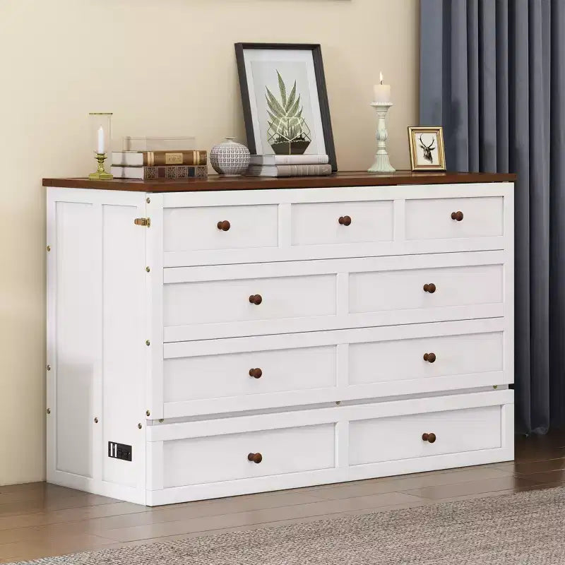 Lit avec grand tiroir de rangement, lit armoire en bois avec station de recharge