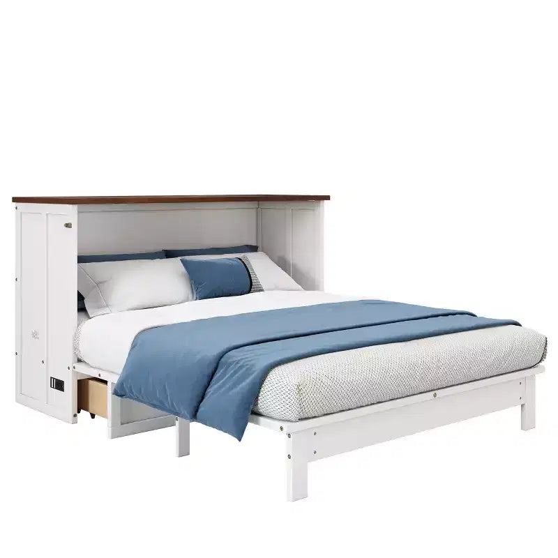 Lit avec grand tiroir de rangement, lit armoire en bois avec station de recharge