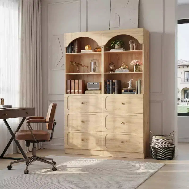 Meubles de rangement de cuisine en bois avec étagères ouvertes à 3 niveaux, bibliothèque haute de 80 cm avec 3 tiroirs