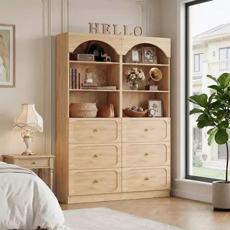 Meubles de rangement de cuisine en bois avec étagères ouvertes à 3 niveaux, bibliothèque haute de 80 cm avec 3 tiroirs