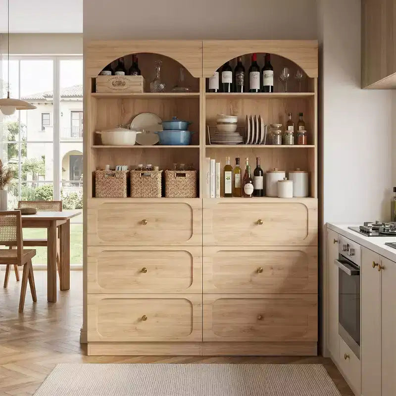 Meubles de rangement de cuisine en bois avec étagères ouvertes à 3 niveaux, bibliothèque haute de 80 cm avec 3 tiroirs