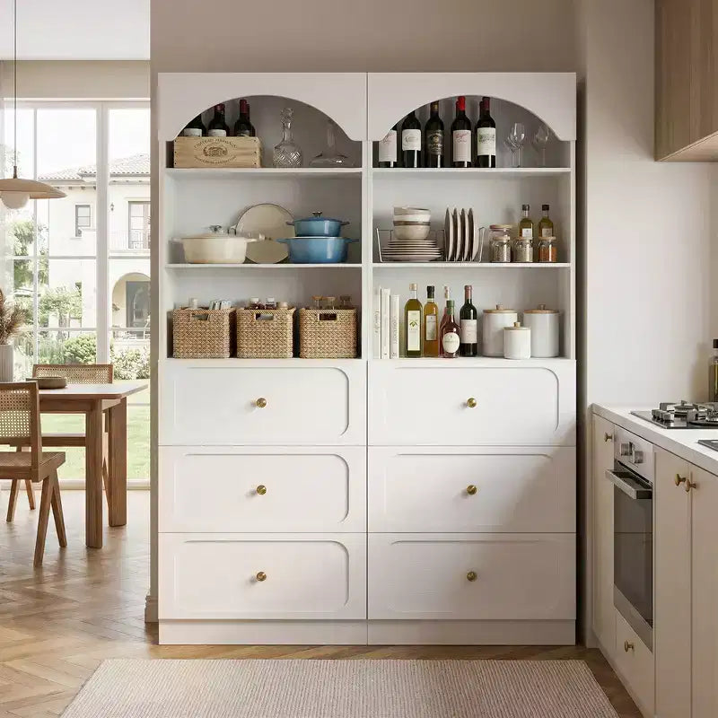 Meubles de rangement de cuisine en bois avec étagères ouvertes à 3 niveaux, bibliothèque haute de 80 cm avec 3 tiroirs