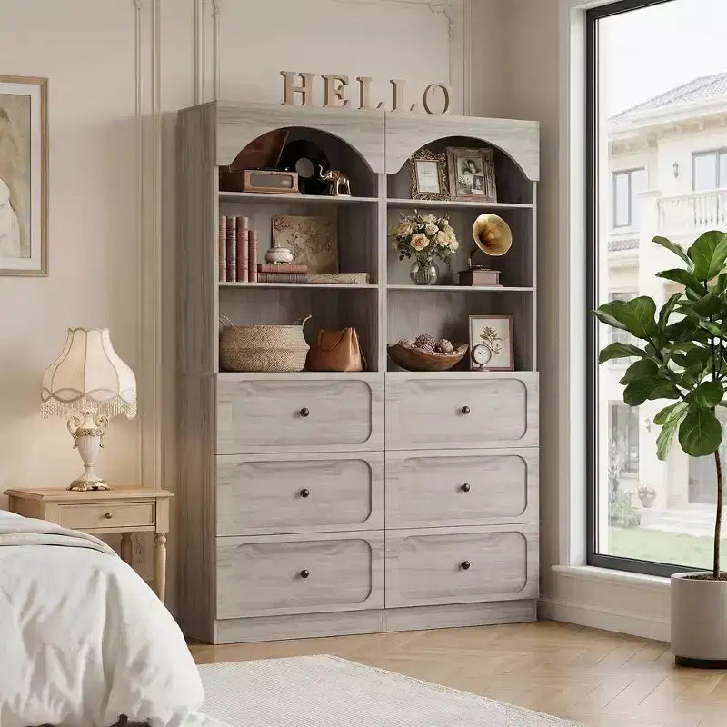 Meubles de rangement de cuisine en bois avec étagères ouvertes à 3 niveaux, bibliothèque haute de 80 cm avec 3 tiroirs