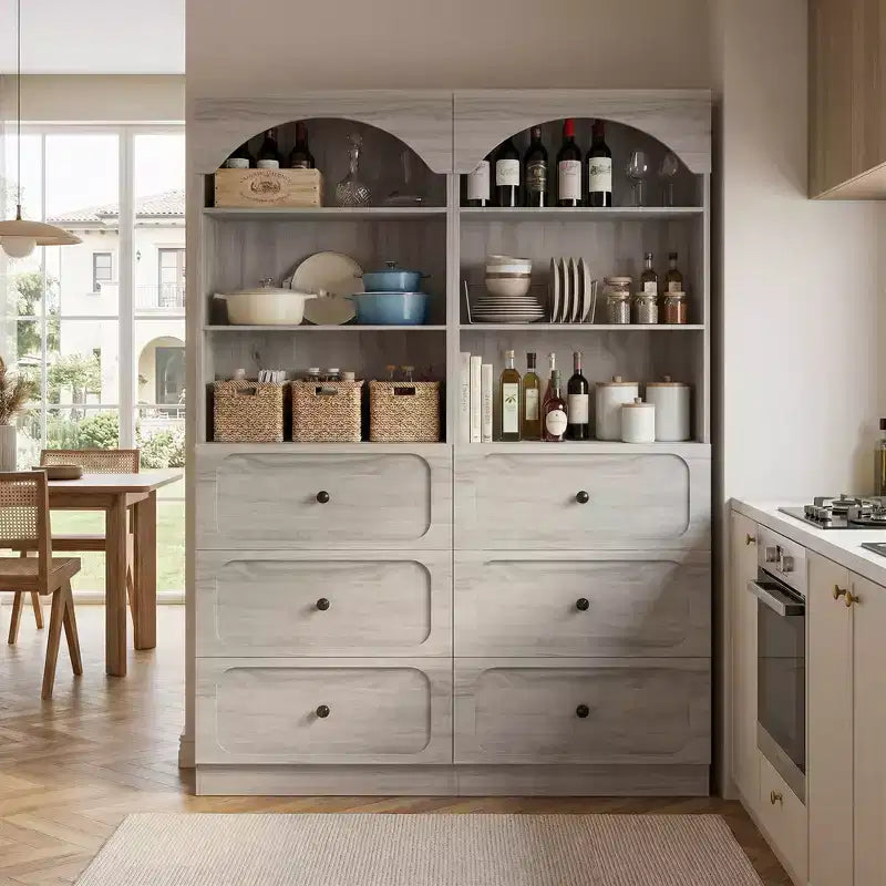 Meubles de rangement de cuisine en bois avec étagères ouvertes à 3 niveaux, bibliothèque haute de 80 cm avec 3 tiroirs