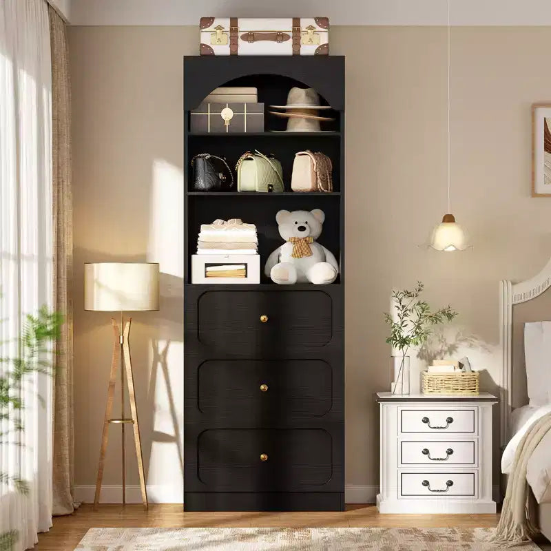 Meubles de rangement de cuisine en bois avec étagères ouvertes à 3 niveaux, bibliothèque haute de 80 cm avec 3 tiroirs