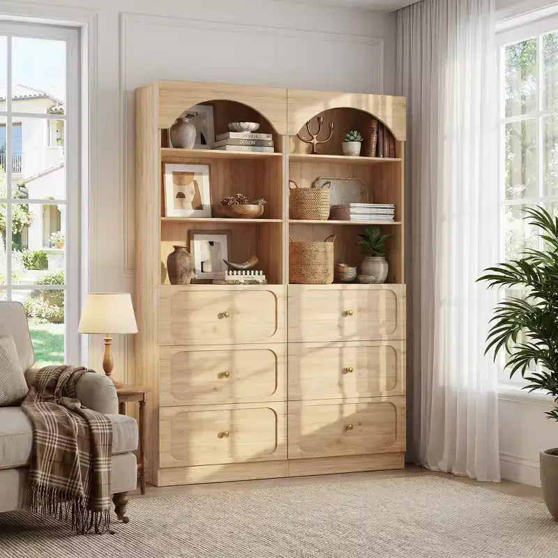Meubles de rangement de cuisine en bois avec étagères ouvertes à 3 niveaux, bibliothèque haute de 80 cm avec 3 tiroirs