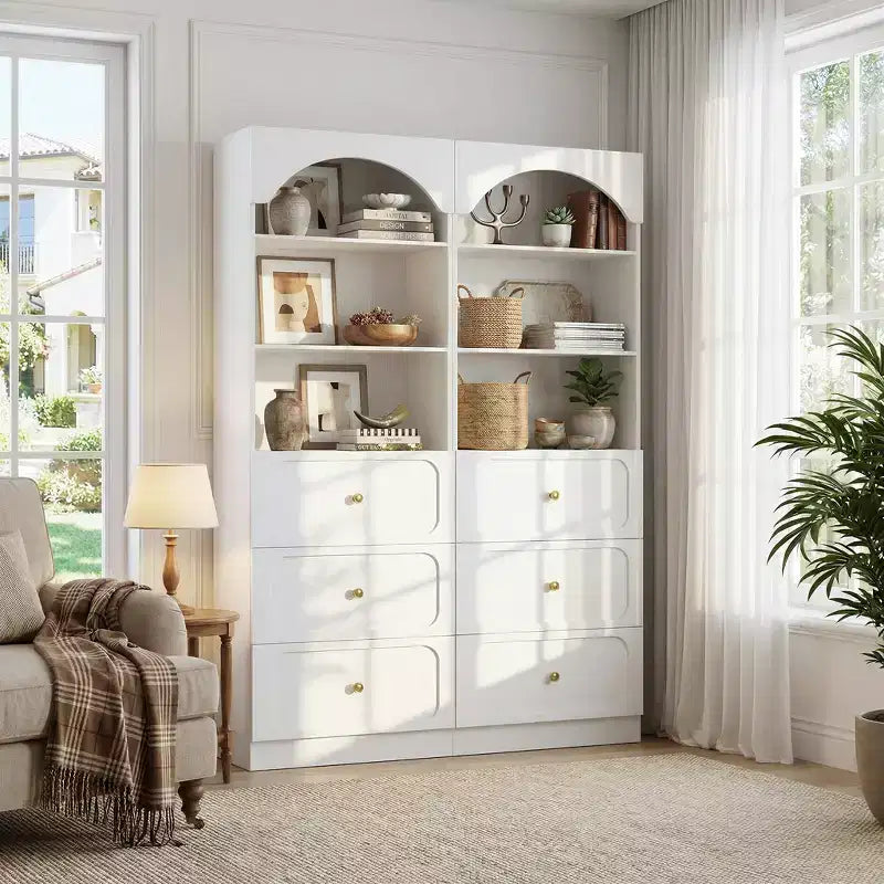 Meubles de rangement de cuisine en bois avec étagères ouvertes à 3 niveaux, bibliothèque haute de 80 cm avec 3 tiroirs