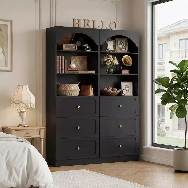 Meubles de rangement de cuisine en bois avec étagères ouvertes à 3 niveaux, bibliothèque haute de 80 cm avec 3 tiroirs