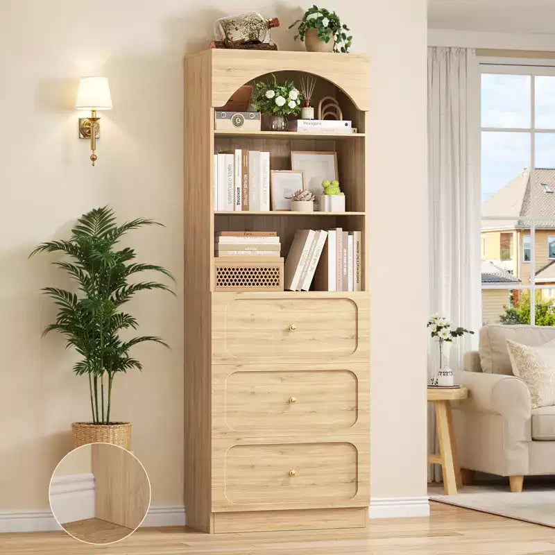 Meubles de rangement de cuisine en bois avec étagères ouvertes à 3 niveaux, bibliothèque haute de 80 cm avec 3 tiroirs