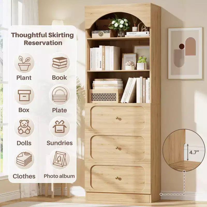 Meubles de rangement de cuisine en bois avec étagères ouvertes à 3 niveaux, bibliothèque haute de 80 cm avec 3 tiroirs