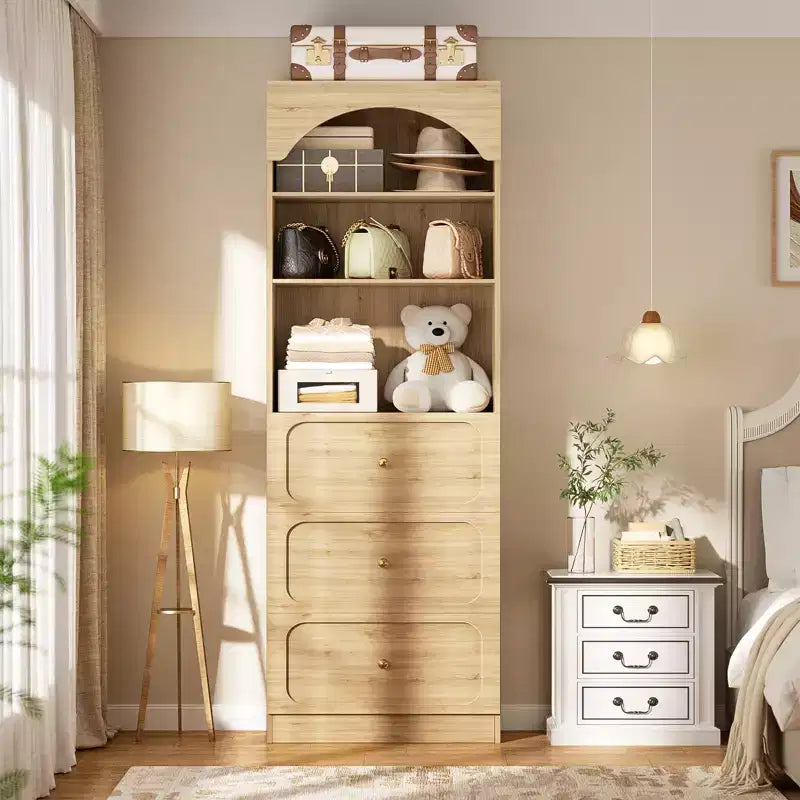 Meubles de rangement de cuisine en bois avec étagères ouvertes à 3 niveaux, bibliothèque haute de 80 cm avec 3 tiroirs