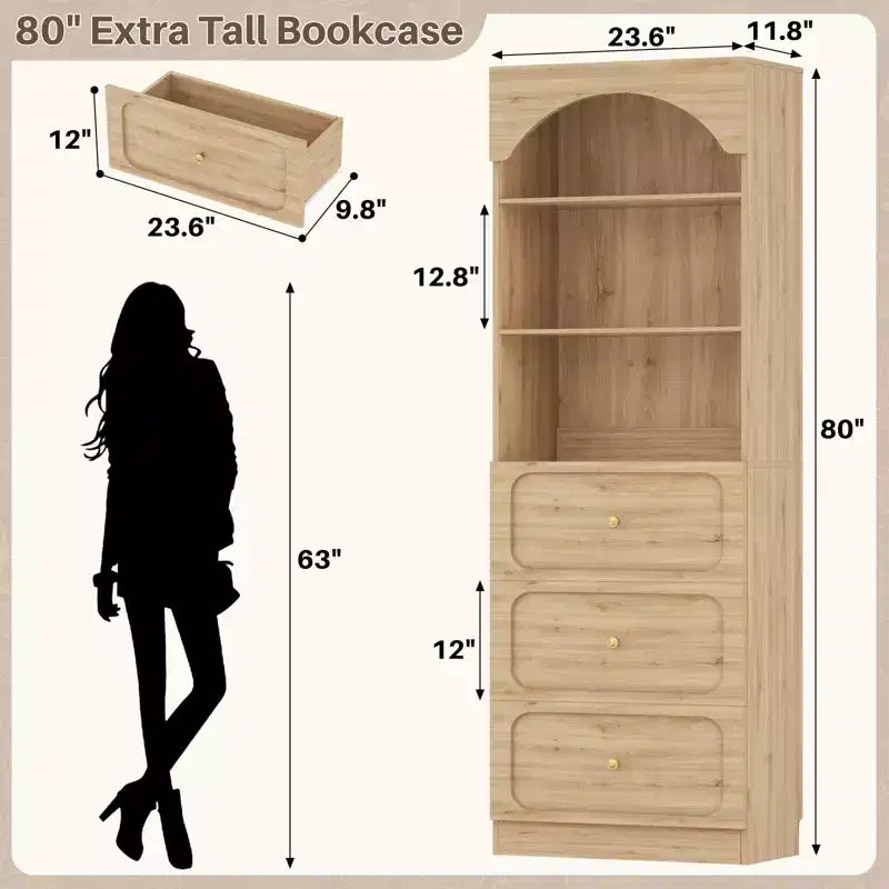 Meubles de rangement de cuisine en bois avec étagères ouvertes à 3 niveaux, bibliothèque haute de 80 cm avec 3 tiroirs