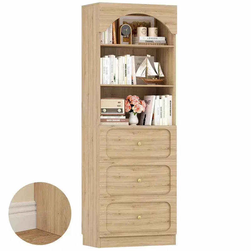 Meubles de rangement de cuisine en bois avec étagères ouvertes à 3 niveaux, bibliothèque haute de 80 cm avec 3 tiroirs