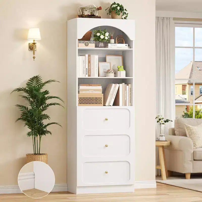 Meubles de rangement de cuisine en bois avec étagères ouvertes à 3 niveaux, bibliothèque haute de 80 cm avec 3 tiroirs