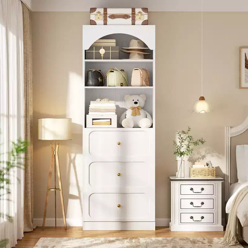 Meubles de rangement de cuisine en bois avec étagères ouvertes à 3 niveaux, bibliothèque haute de 80 cm avec 3 tiroirs