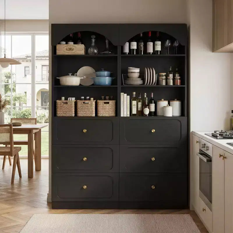 Meubles de rangement de cuisine en bois avec étagères ouvertes à 3 niveaux, bibliothèque haute de 80 cm avec 3 tiroirs