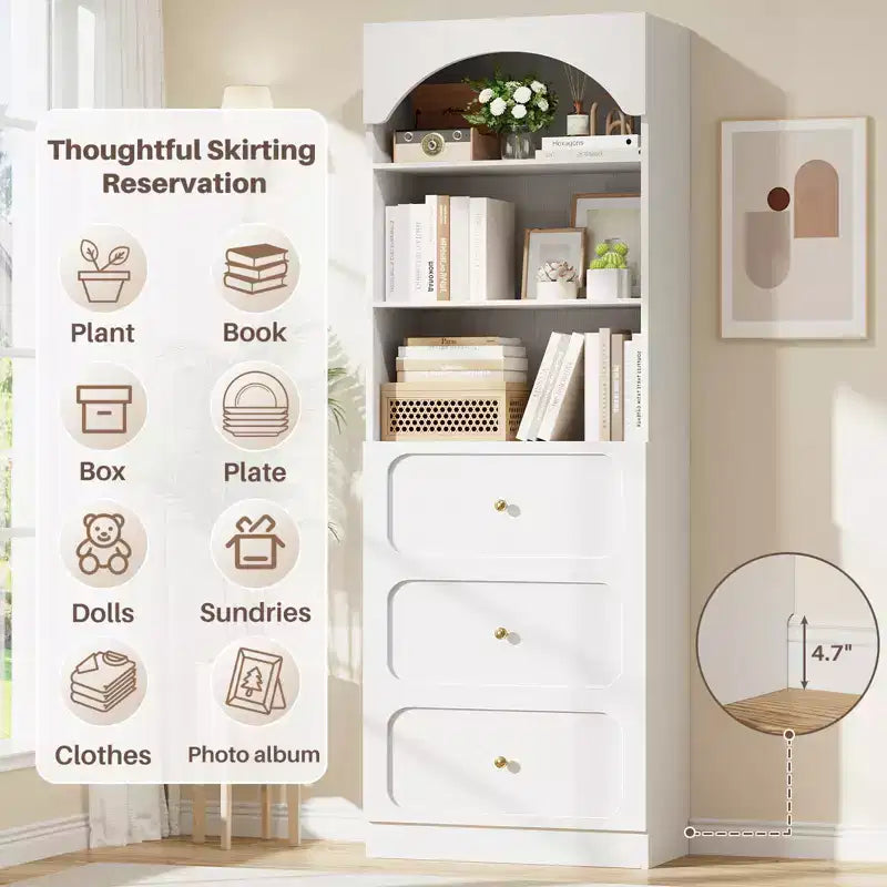 Meubles de rangement de cuisine en bois avec étagères ouvertes à 3 niveaux, bibliothèque haute de 80 cm avec 3 tiroirs