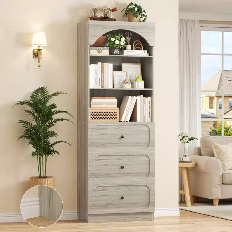 Meubles de rangement de cuisine en bois avec étagères ouvertes à 3 niveaux, bibliothèque haute de 80 cm avec 3 tiroirs