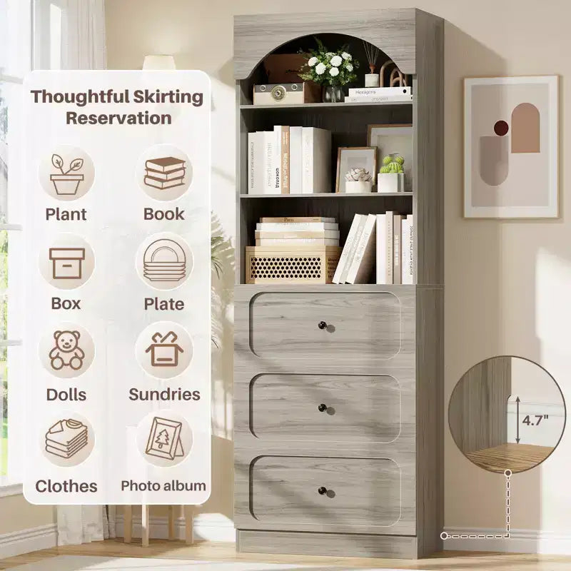 Meubles de rangement de cuisine en bois avec étagères ouvertes à 3 niveaux, bibliothèque haute de 80 cm avec 3 tiroirs