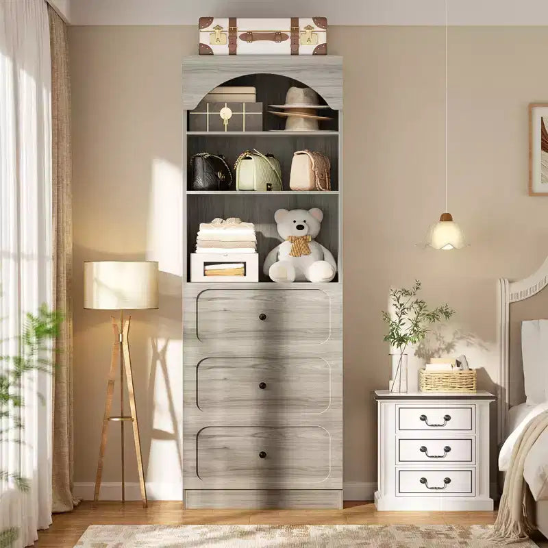 Meubles de rangement de cuisine en bois avec étagères ouvertes à 3 niveaux, bibliothèque haute de 80 cm avec 3 tiroirs
