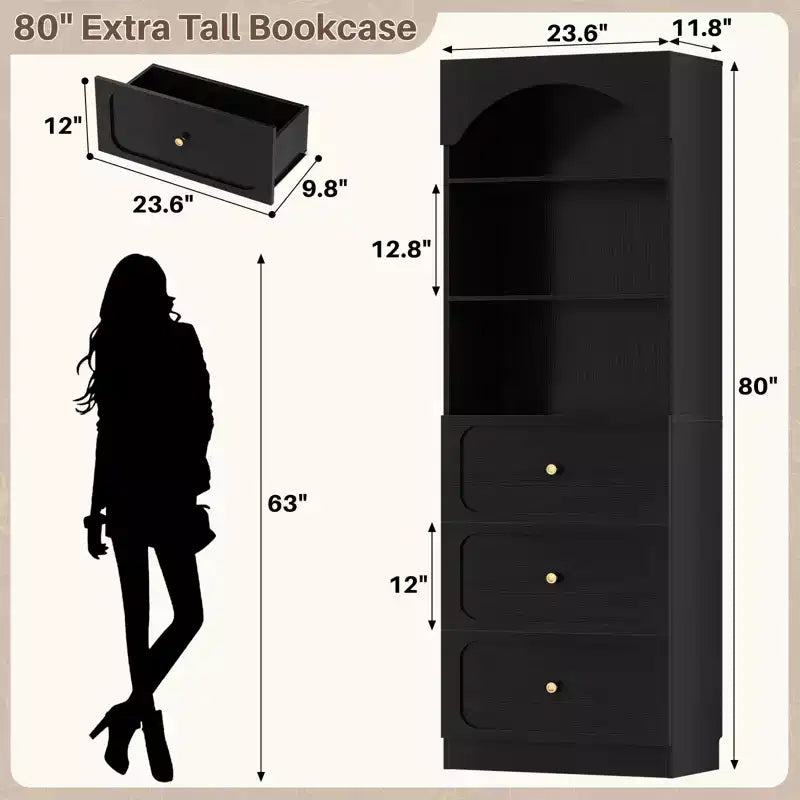 Meubles de rangement de cuisine en bois avec étagères ouvertes à 3 niveaux, bibliothèque haute de 80 cm avec 3 tiroirs