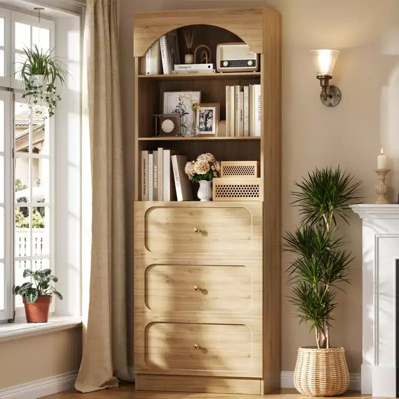 Meubles de rangement de cuisine en bois avec étagères ouvertes à 3 niveaux, bibliothèque haute de 80 cm avec 3 tiroirs
