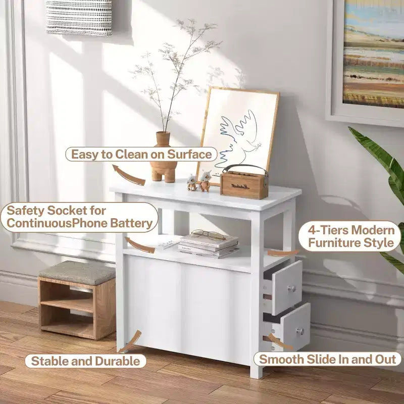 Lot de 2 tables d'appoint à 3 niveaux, table de chevet/bout de canapé étroite avec 2 tiroirs et 1 étagère ouverte, meuble de rangement pour petits espaces