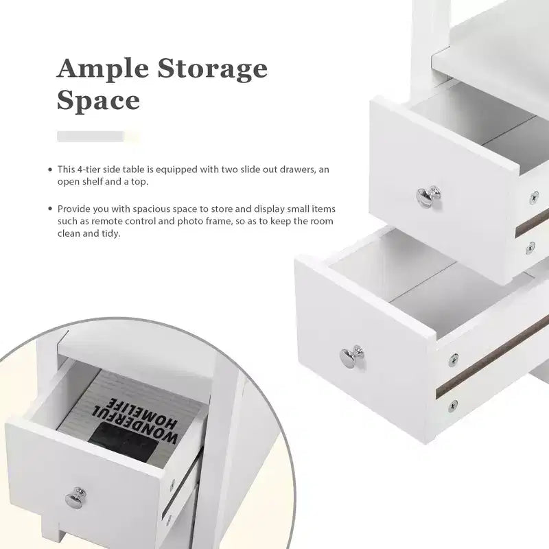 Lot de 2 tables d'appoint à 3 niveaux, table de chevet/bout de canapé étroite avec 2 tiroirs et 1 étagère ouverte, meuble de rangement pour petits espaces