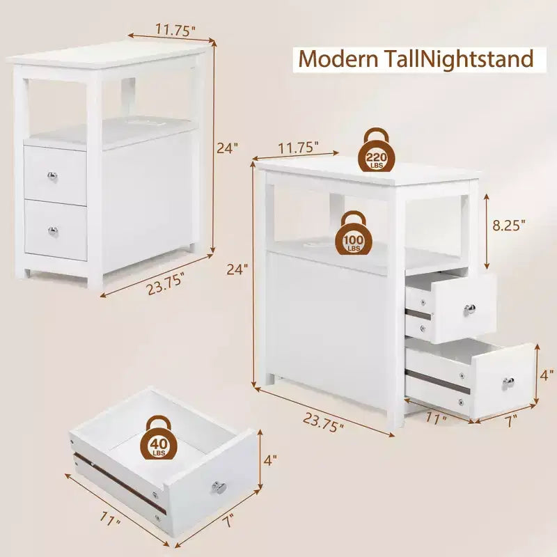 Lot de 2 tables d'appoint à 3 niveaux, table de chevet/bout de canapé étroite avec 2 tiroirs et 1 étagère ouverte, meuble de rangement pour petits espaces